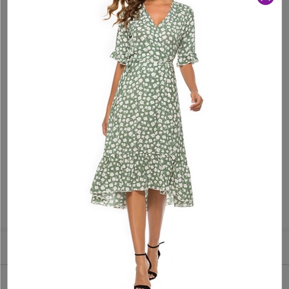 Swintager Green Floral Ruffle-Sleeve Wrap Midi Dress - Medium - Picture 12 of 15
